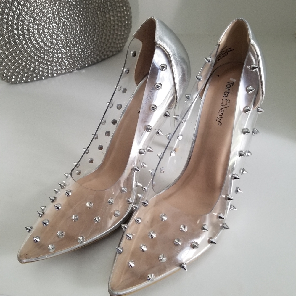 Clear pumps with silver studs, silver piping